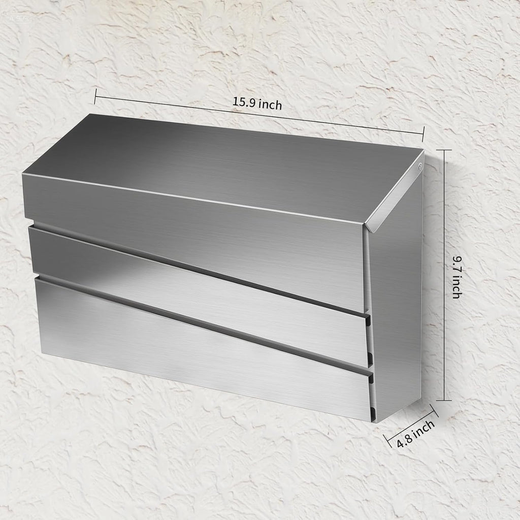Wall-Mount Mailbox, Brushed Stainless Steel Panel, Rust Resistant Large Capacity House Mailbox