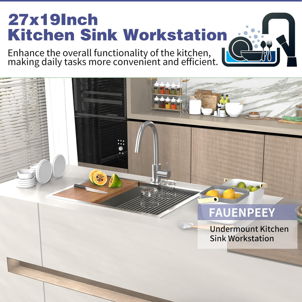 27x19 Inch Stainless Steel Workstation, Undermount, Single Bowl