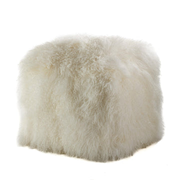 Mongolian Lamb Wool Pouf Ottoman - Ivory, 18" x 18" x 16" with Firm Insert, Luxury Textured Accent Footrest or Extra