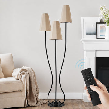 Dimmable Sculptural Vintage Floor Lamp, 3-Light Standing Lamps with Curved Iron Base & Octagonal Linen Shades