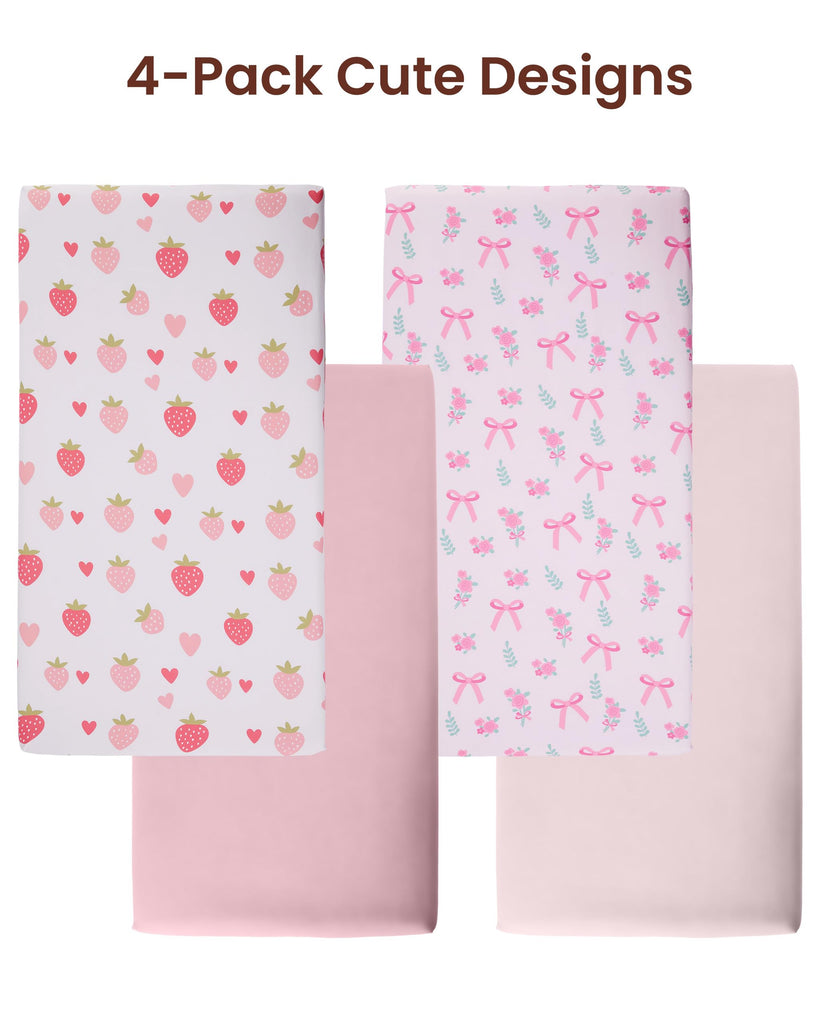 Fitted Baby Crib Sheets, 4 Pack, 52x28 in, Strawberry Pink