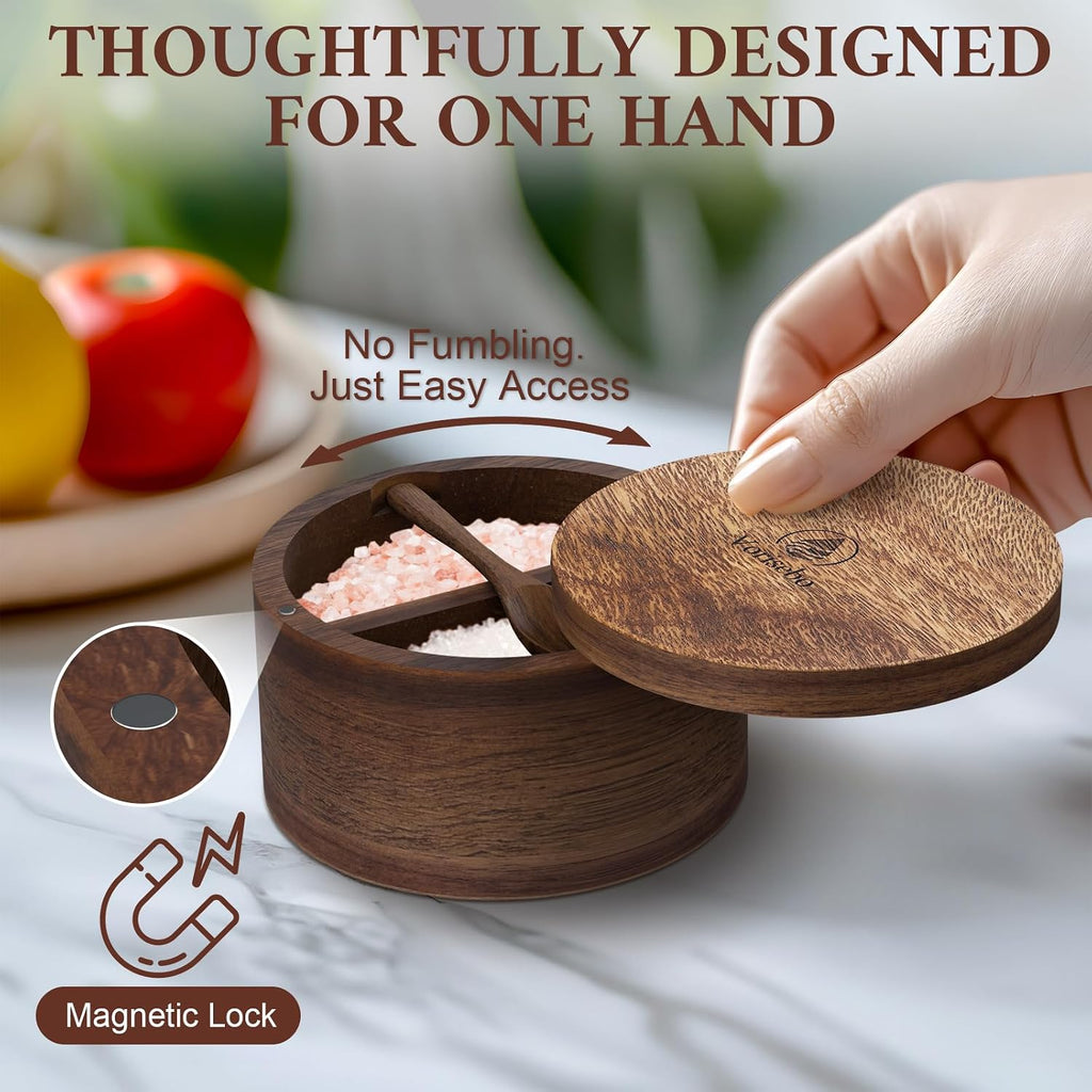 Salt Cellar with Lid & Spoon, Acacia Wood Salt Container, Salt Holder