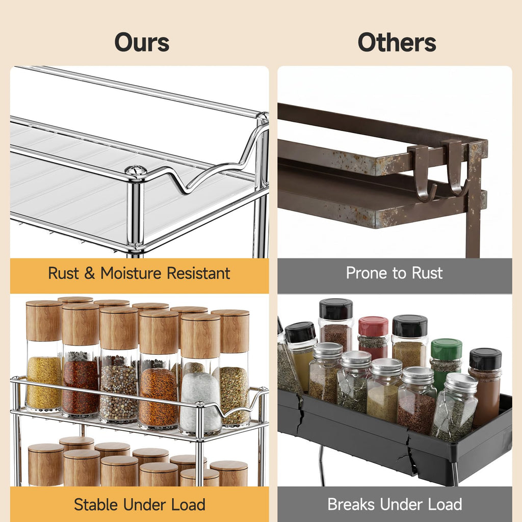 Pull Out Spice Rack for Inside Cabinet, 2 Tier Chrome Spice Organization for Cabinet, Vertical Sliding Out Spice Rack