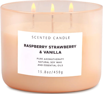 Raspberry Strawberry Vanilla Candle, 3-Wick Scented Soy Candle, 15.8 oz - Set of 158