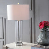 29" Clear/Chrome Modern Glass Table Lamp Bedroom, Minimalist Nightstand Bedside Lamp, White Linen Drum Shade