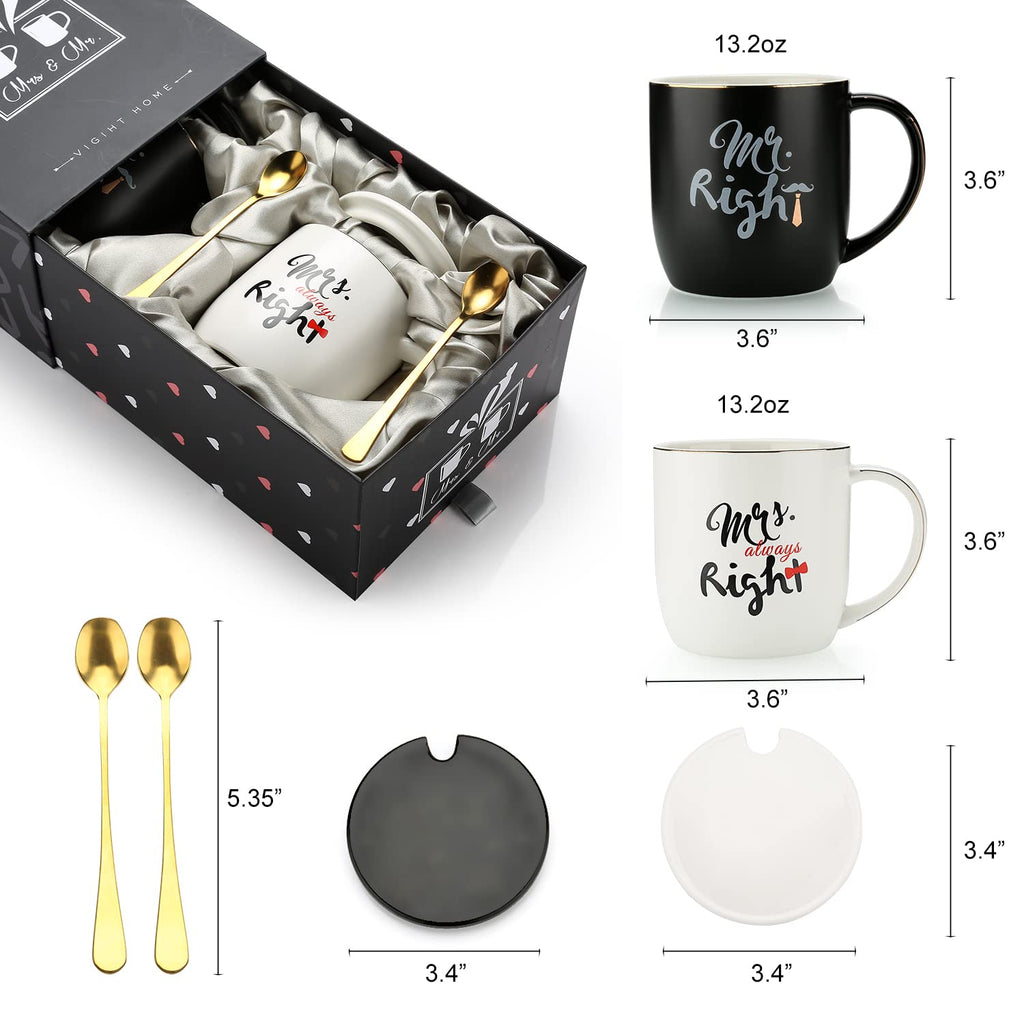 Wedding Gifts For Couples, Ceramic Mugs Set with Lids & Spoons
