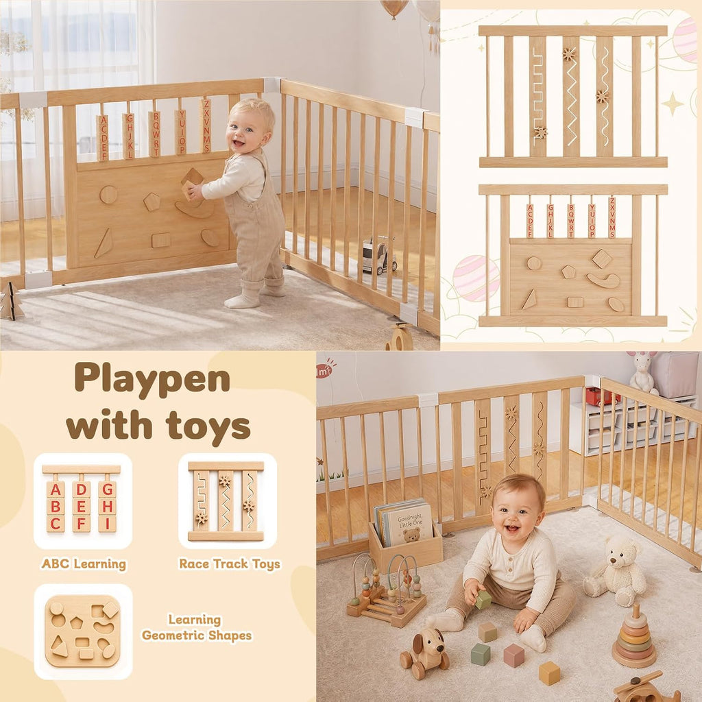 Wooden Baby Playpen, 64"x64" Extra Large Play Yard for Toddlers | Natural Wood Playpen with Child-Proof Lock, Easy