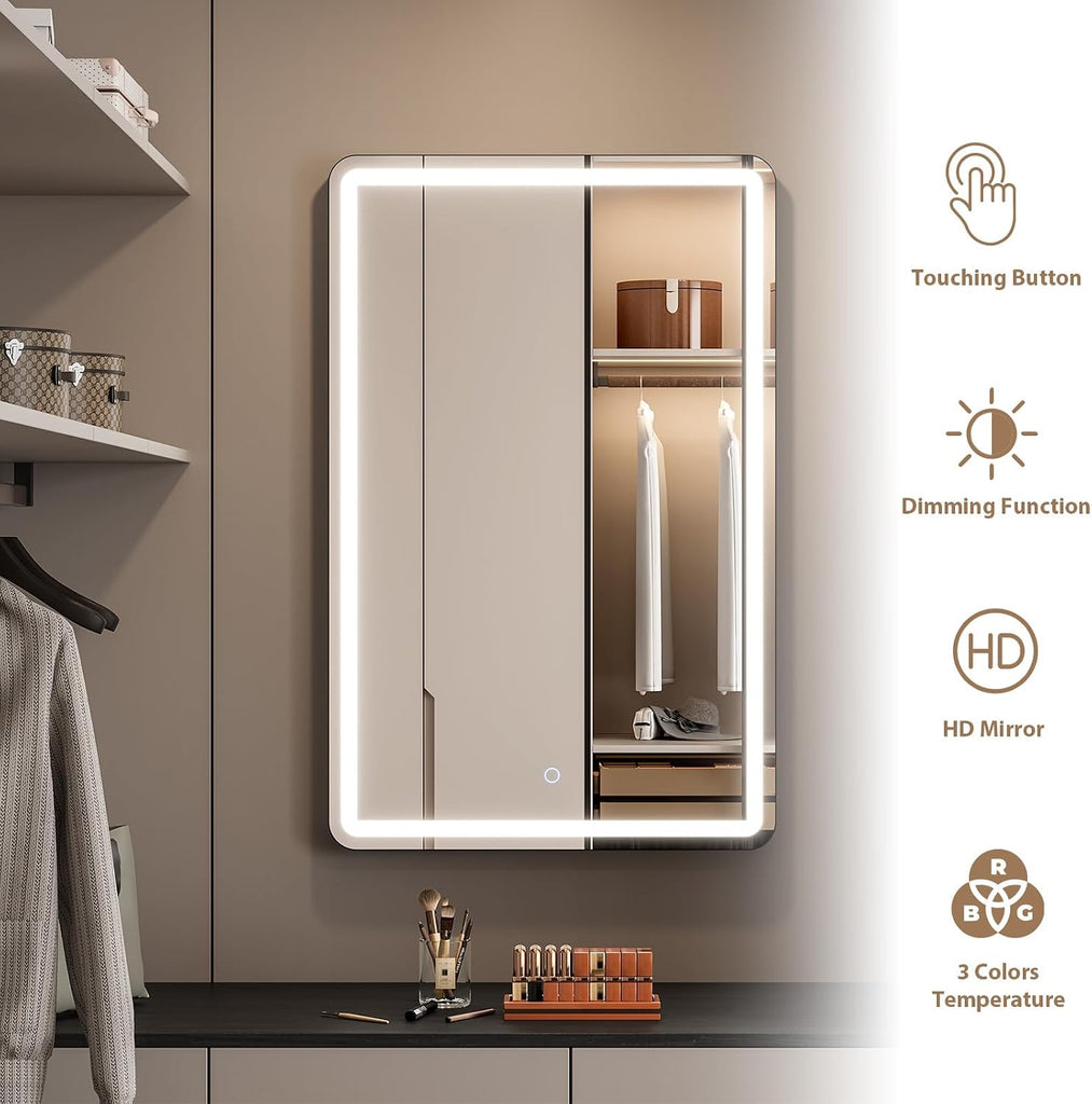 24x36 Inch LED Lighted Medicine Cabinet with Mirror , Wall Mounted or Recessed Mirror Cabinet with 3X Magnifying