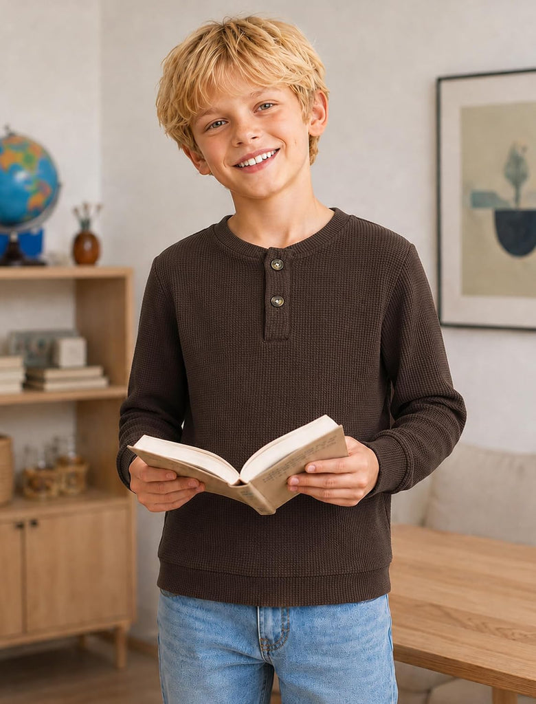 Boys Long Sleeve Shirts Waffle Henley Fall Shirts for Boys