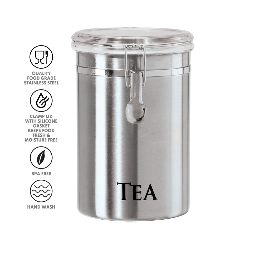 Stainless Steel Tea Canister 62 fl oz - Airtight Clamp Lid, Clear See-Thru Top - Ideal for Tea Bag, Loose Tea