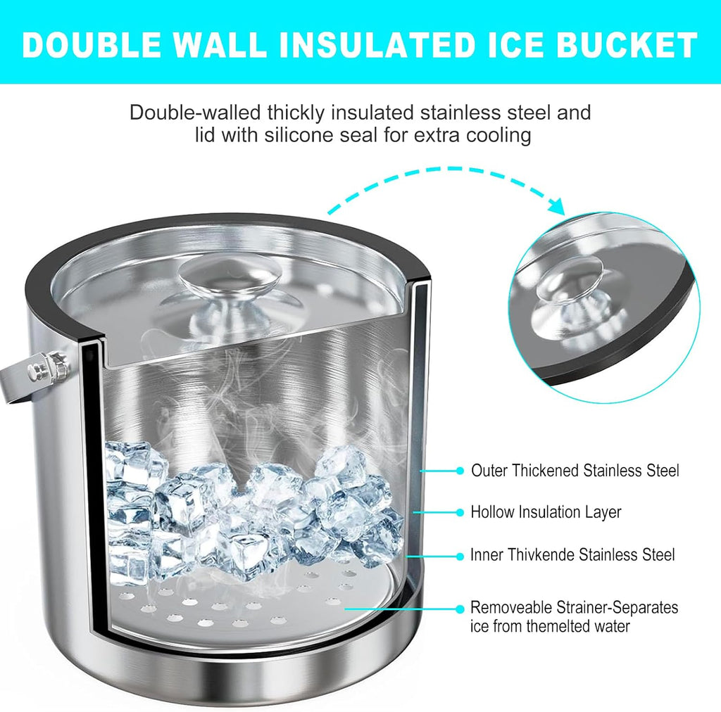 Ice Bucket with Lid Strainer Tong,2QT Double Walled Stainless Steel Insulated Ice Bucket Container,Good Sealing Ice