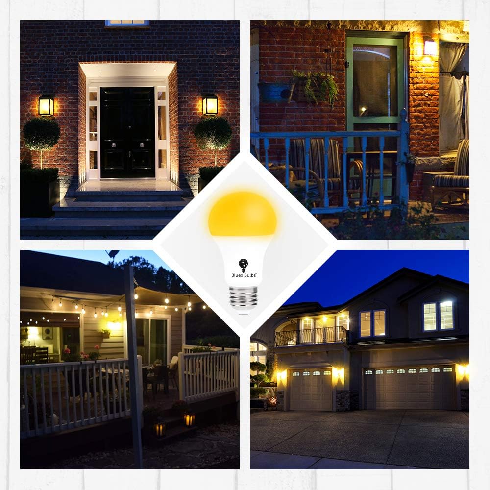 2 Pack LED Dusk to Dawn A19 Bug Light Bulbs, Yellow Amber Light With Automatic Sensor, Porch Lights Security, Auto