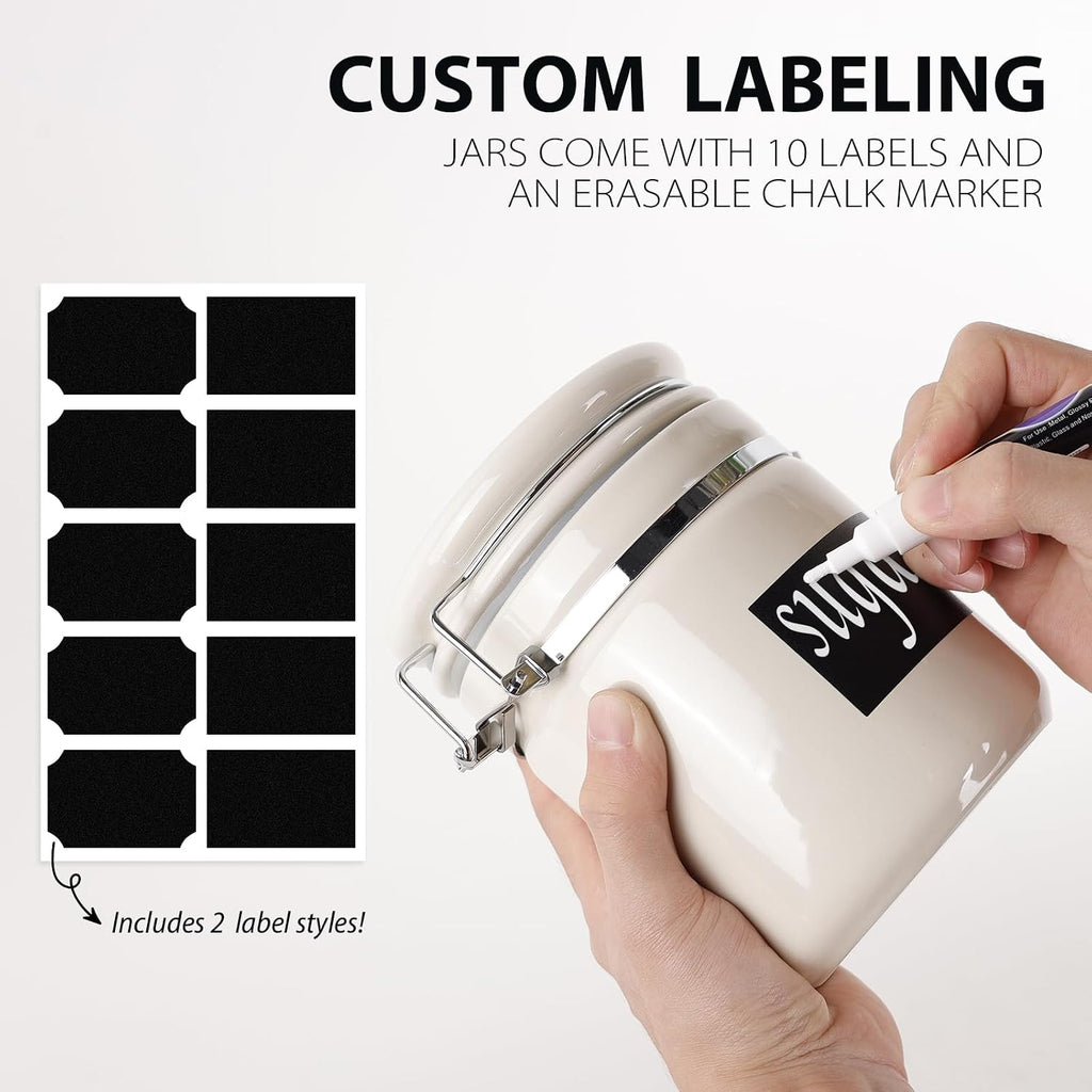 Airtight Ceramic Canister Set With Attached Wooden Spoon Reusable Chalk Labels For Dry Goods Sugar Coffee Tea - Set of 4