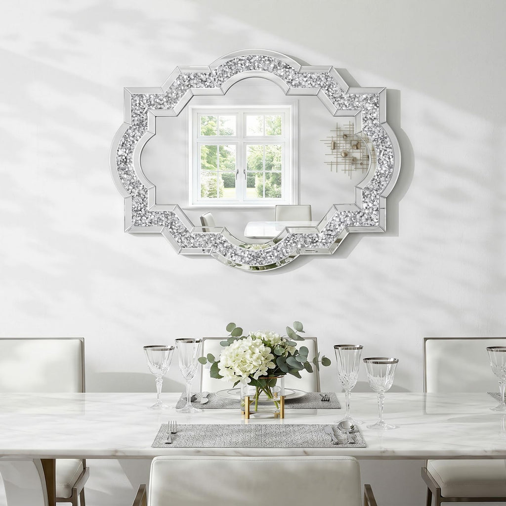27.5" x 35.4" Ornate Crushed Diamond Wall Mirror, Silver Decorative Mirror, Modern Glam Wall Mounted Mirror Home Decor