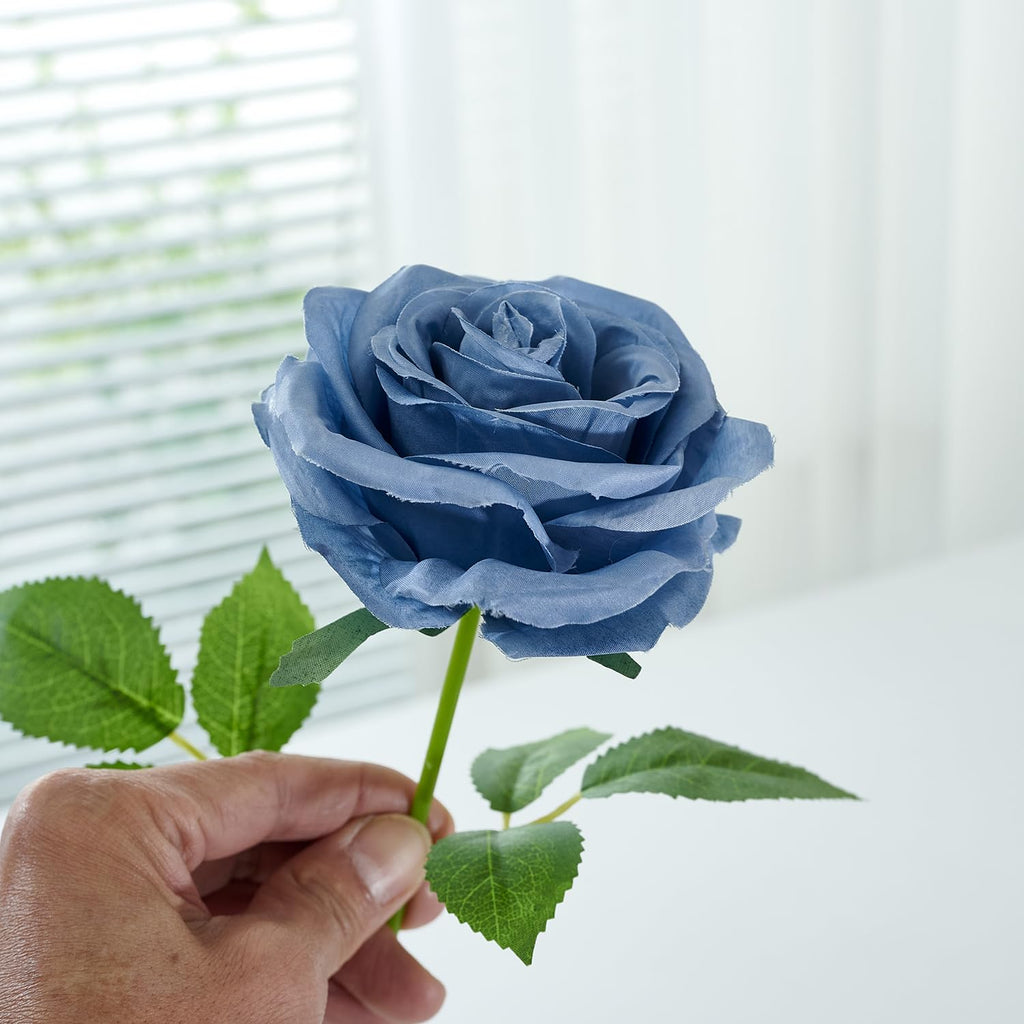 100 Pcs Fake Dusty Blue Roses, Artificial Blue Flowers Bulk Realistic Silk Faux Rose with Long Stems for Wedding