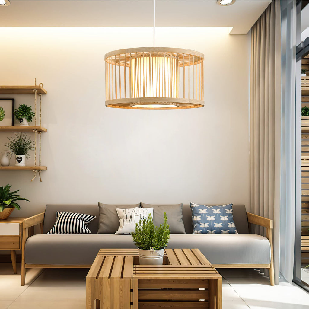 Janpandi Pendant Light, 15.8" Round Drum Bamboo Chandelier