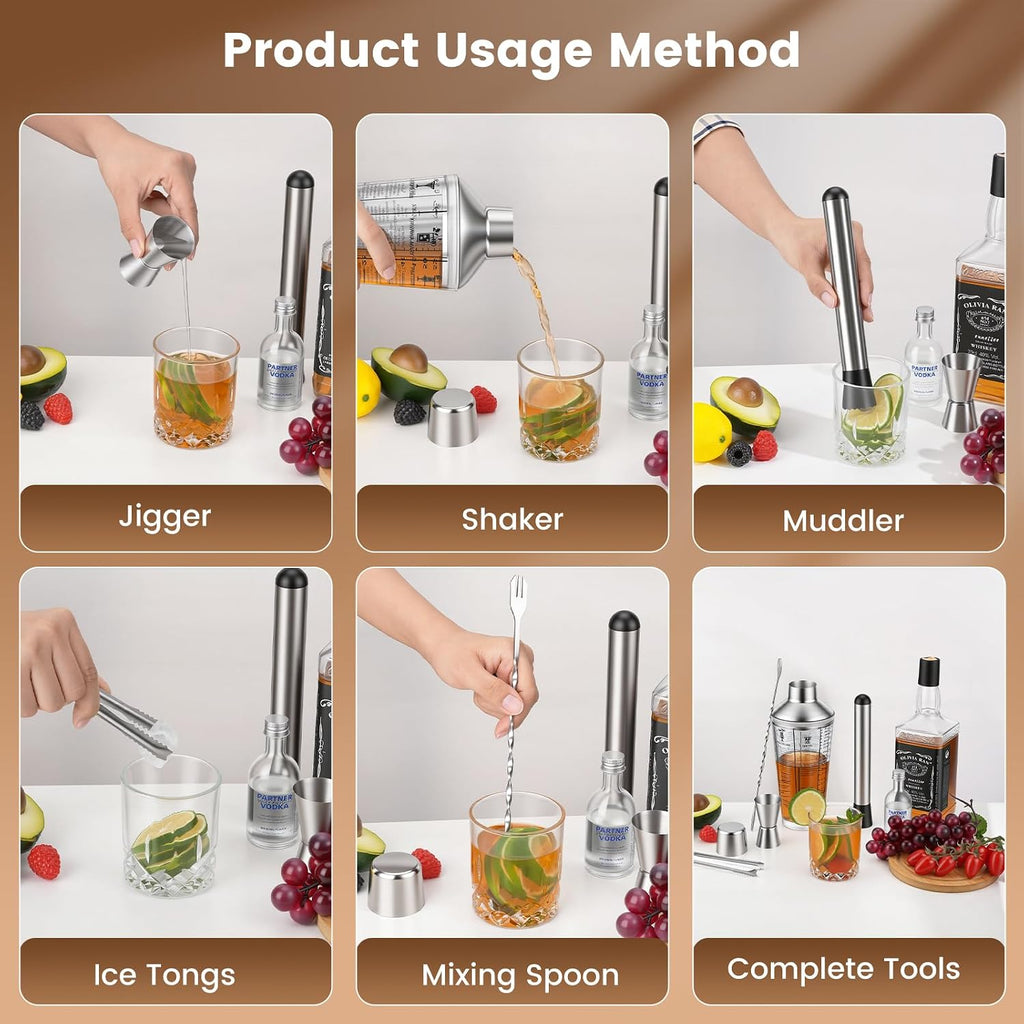 Glass Cocktail Shaker Set, 23oz Bartender Kit with Built-in Strainer, Ice Tongs, Measuring Jigger, Muddler & - Set of 3
