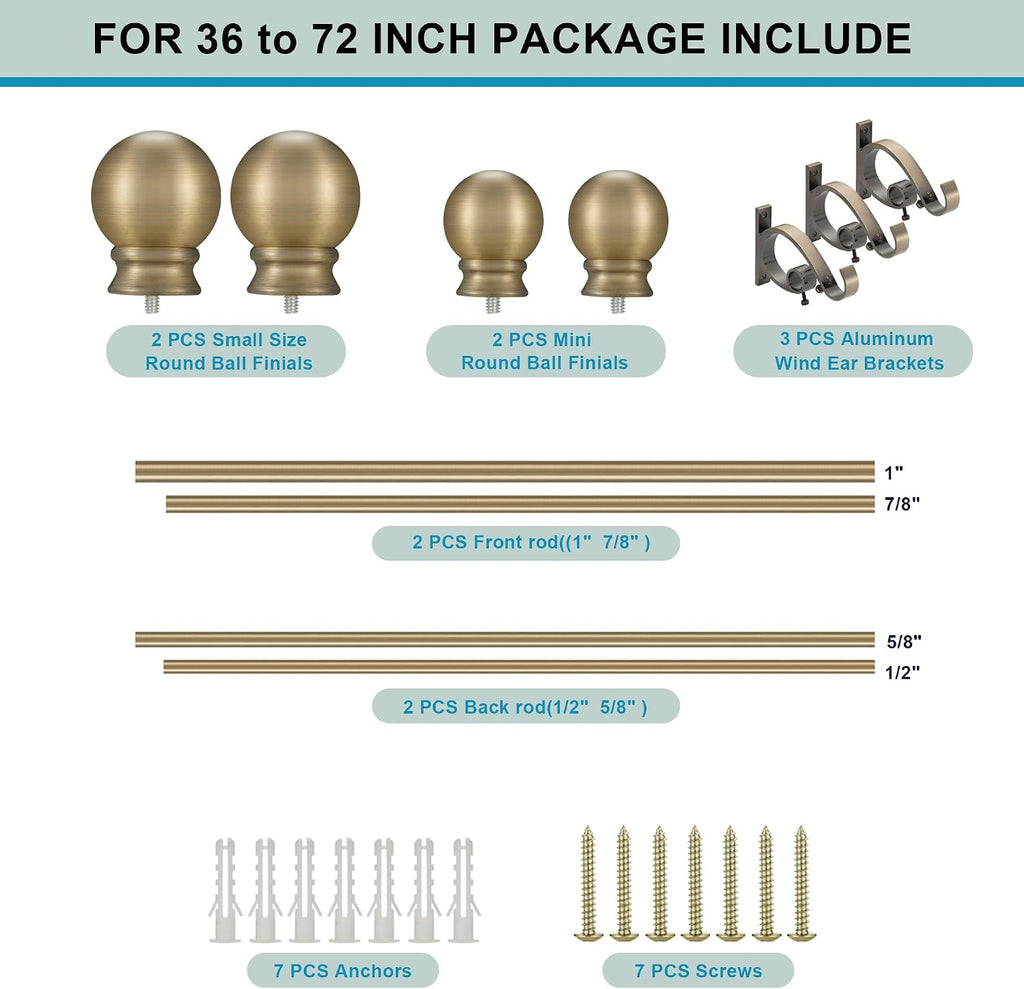 Antique Bronze Double Curtain Rods 36-72 Inch,1''Front and 5/8''Back Double Drapery Rod with Small Round Ball and