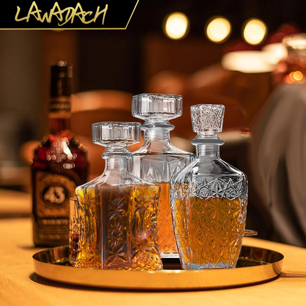 Whiskey Decanter, Glass Alcohol Bottle Gift for Men, Dad - Set of 3
