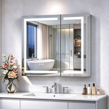 LED Bathroom Medicine Cabinet Mirror with Lights, 30'' x 26'' Aluminum Frame with Sockets & USBs, Anti-Fog Dimmable