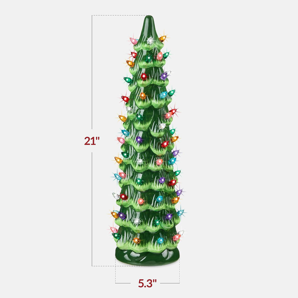 Ceramic Christmas Tree, 21in Pre-Lit Hand-Painted Tabletop Holiday Decoration w/Multicolor Bulbs, LED Lights - Green