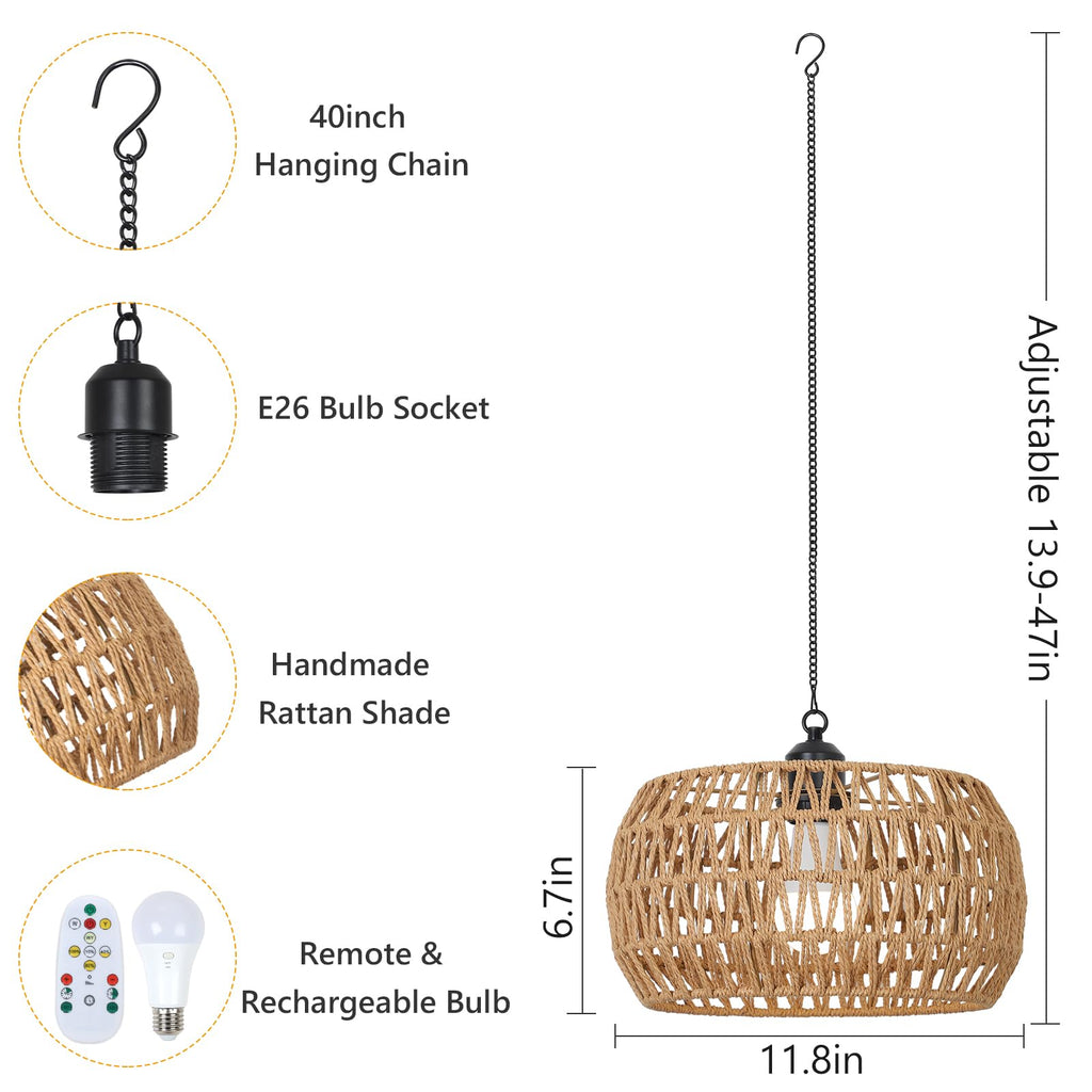 Battery Operated Chandelier with Remote, 11.8" Rattan Battery Powered Hanging Light for Porch, Rechargeable Outdoor