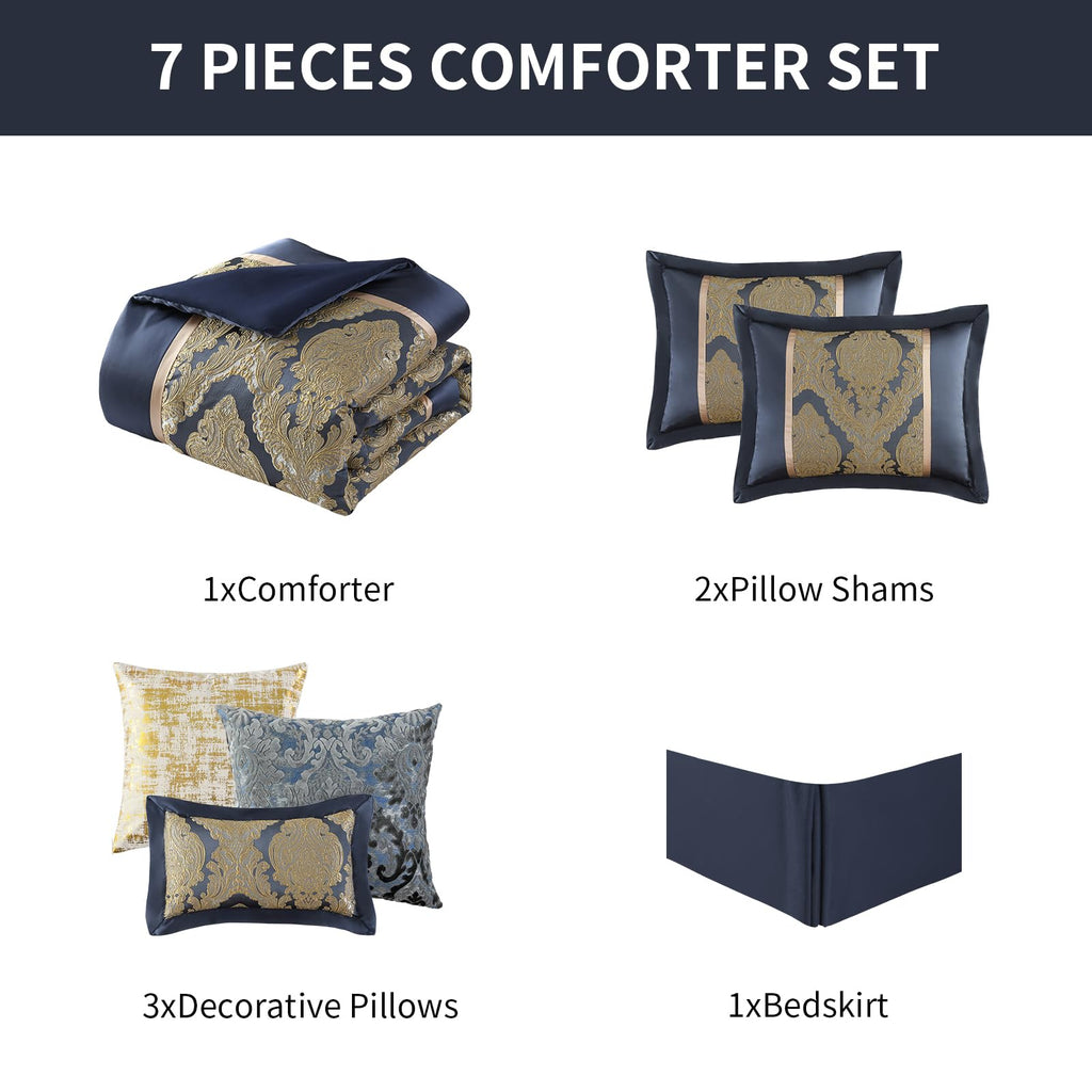 Luxury 7 Piece Queen Comforter Set, Vintage Damask Jacquard Design Bed in Bag Queen, All Season Navy Blue and Gold