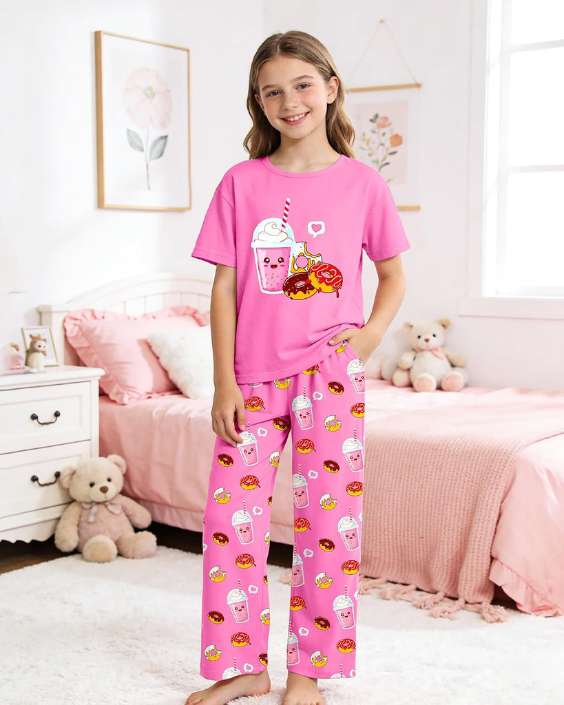 Girls Pajamas Piece Pjs Set Kids Short Sleeve and Pants Jammies Casual Wear Girls' Sleepwear Lounge Clothes