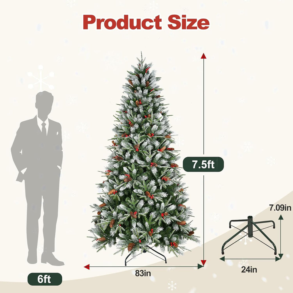 7 Ft Artificial Christmas Tree Pre-Decorated with Snow Flocked PVC&PE Tips, Pine Cones, Red Berries, Unlit Xmas Tree