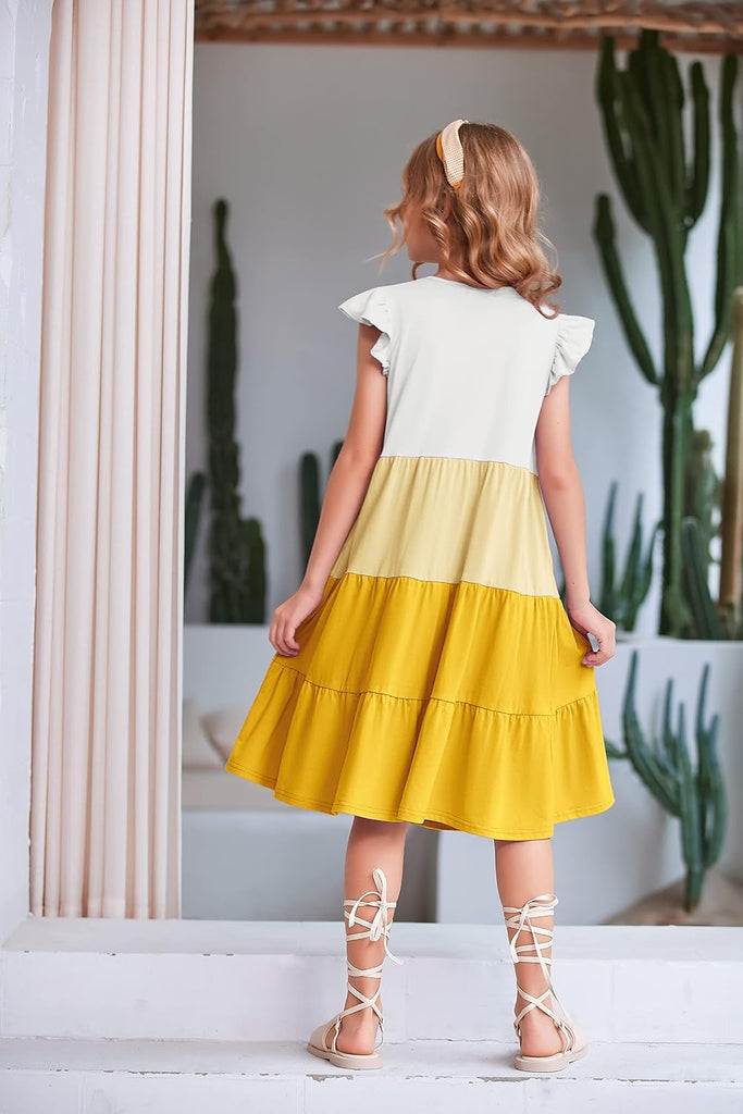 Girls Ruffle Sleeve Tiered Swing Midi Casual Sundress with Pockets