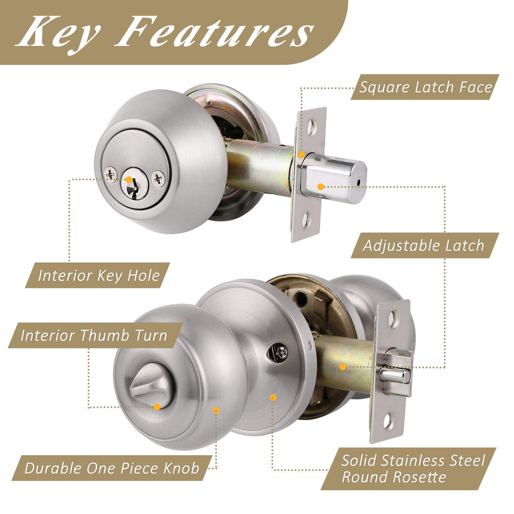 Front Door Entry Handles Lockset and Double Cylinder Deadbolt Combination Set, Satin Nickel (2 Pack) Keyed Alike