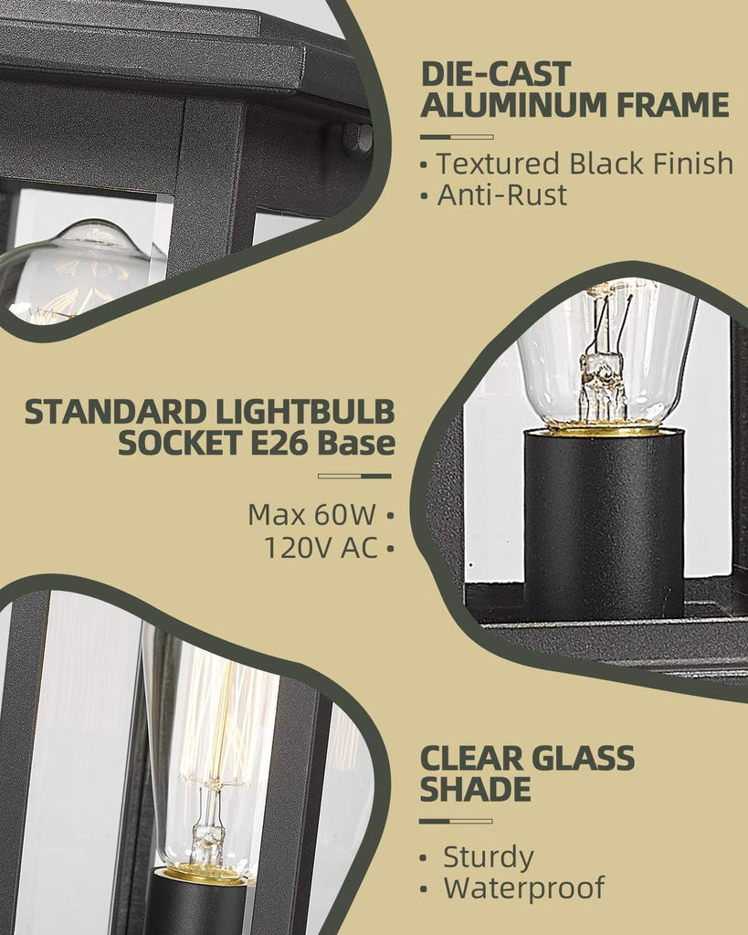 Outdoor Post Light Fixtures, HWH Exterior Pillar Lantern Pole Lamp in Matte Black Finish with Clear Glass Shade