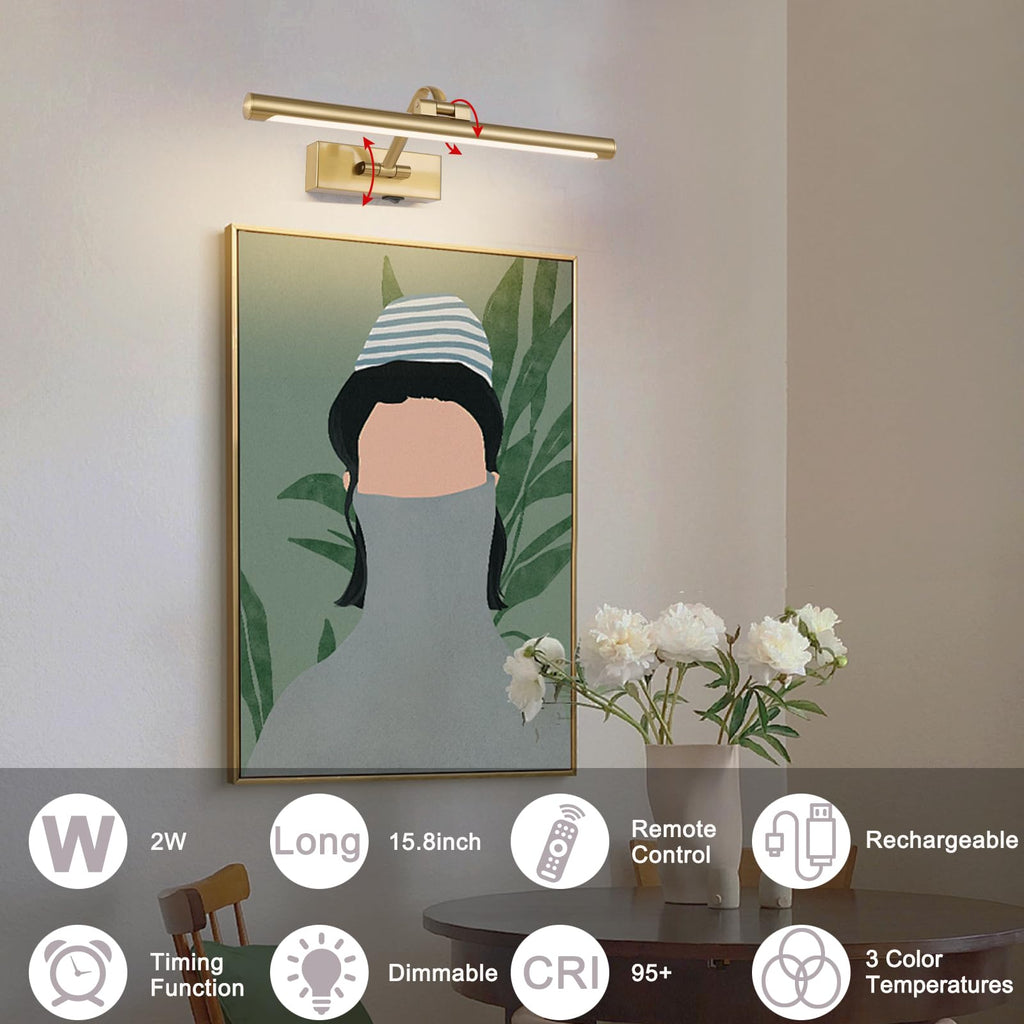 Wireless Picture Lights for Wall Battery Operated Brass Art Light for Paintings with Remote 3CCT Dimmable Potrait