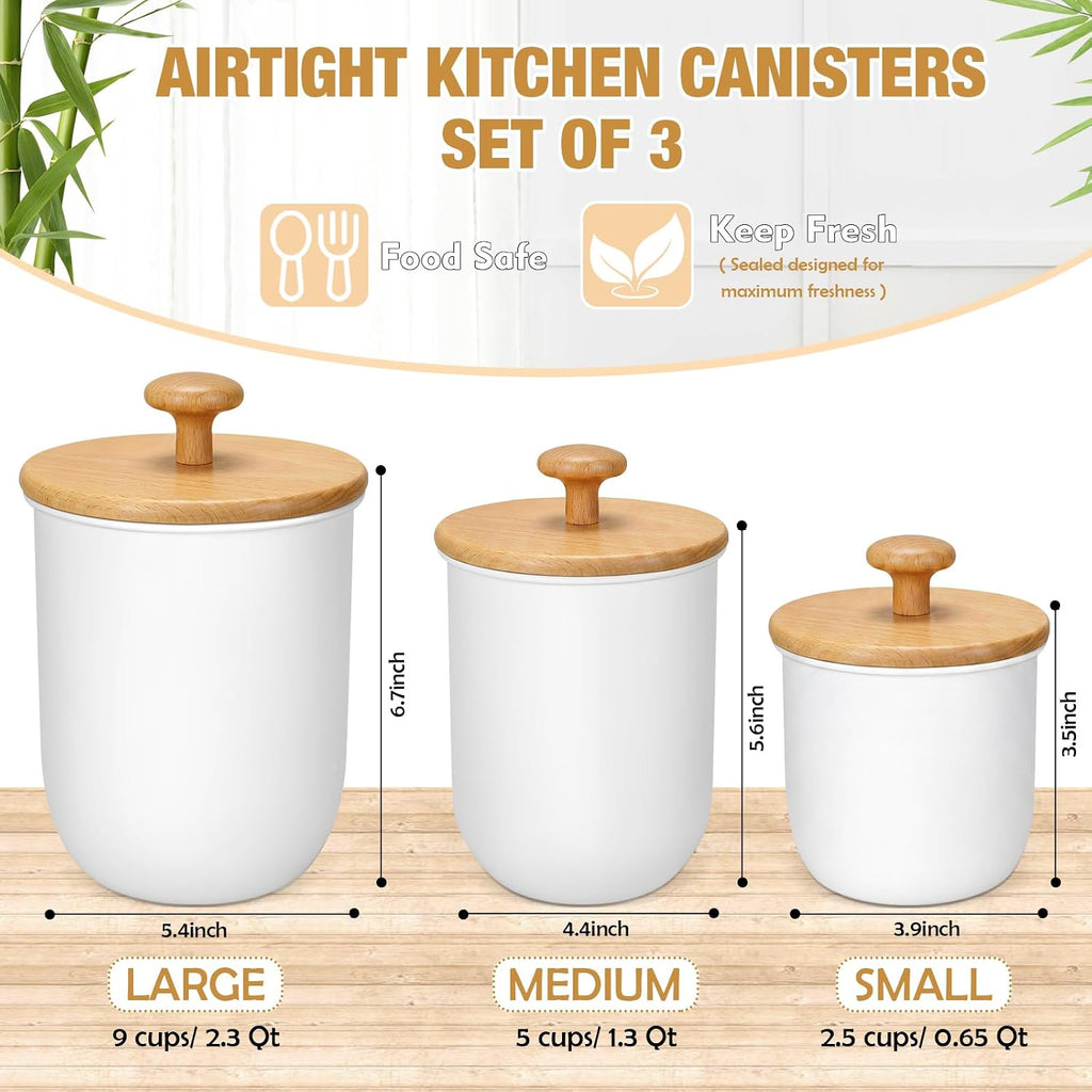 Metal Kitchen Canisters for Countertop Sugar Flour Canisters Set with Airtight Bamboo Lids Kitchen Jars - Set of 3