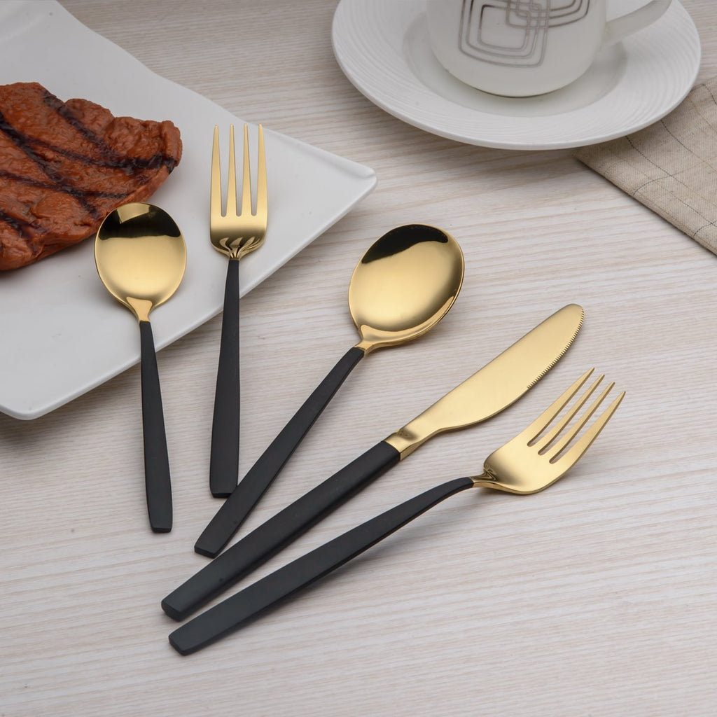 20 Piece Titanium Black And Golden Plated Stainless Steel Flatware Set, Handle With Mouth Silverware Set And Cutlery