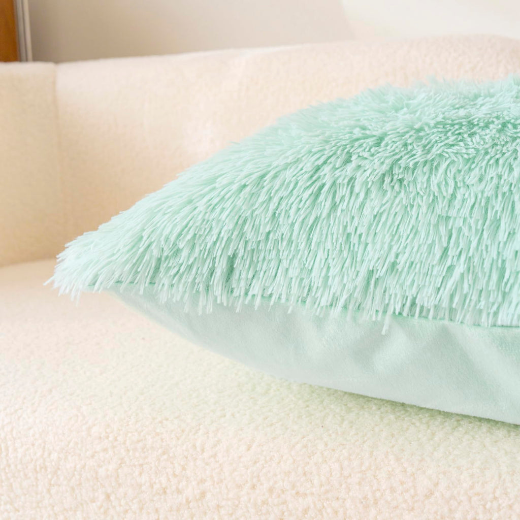 Faux Fur Mint Green Throw Pillow Covers, Fluffy Soft Fuzzy Decorative Pillow Cases Cute Pillowcases Bedroom Living