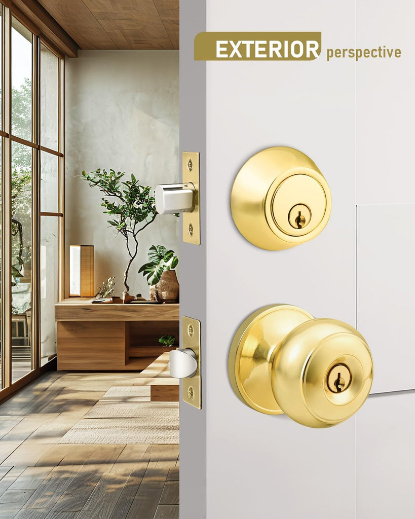 2 Pack Keyed Alike Front Door Knob and Deadbolt Set, Entry Door Locksets with Single Cylinder Deadbolt, Polished