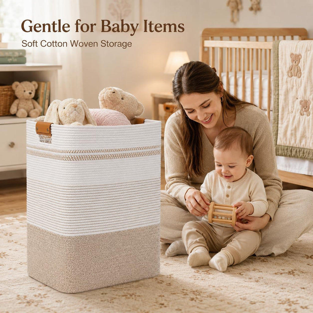 Laundry Hamper, Cotton Rope Laundry Basket with Leather Handles, 21.1-Gallon/80 L Large Clothes Hampers for Laundry