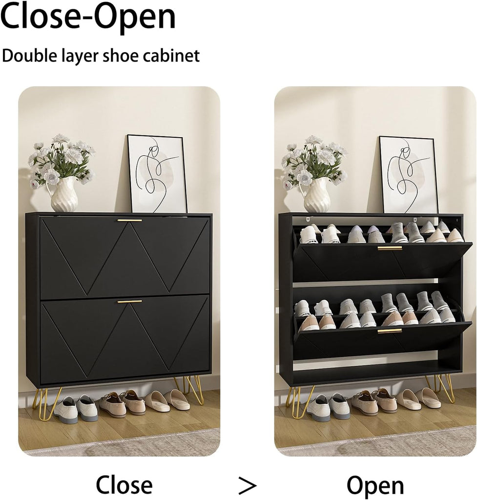 Shoe Cabinet with 2 Flip Drawers, Black Shoe Storage Cabinet, Slim Wooden Freestanding Shoe Rack, Shoe Organizer with
