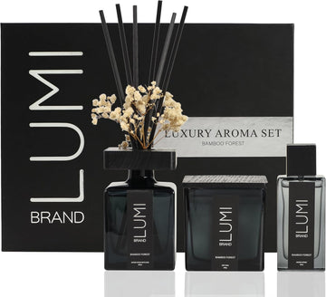 Luxury Aroma Gift Set | Bamboo Forest Scent - Reed Diffuser (200ml), Wood Wick Soy Candle (200g), Room Spray(50ml)