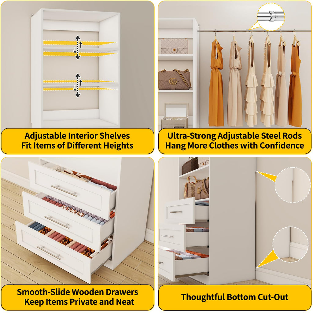 Closet System with 6 Drawers & Mirror, 4-12FT Closet Organizer System with 6 Shelves, 5 Hanging Rods & Light, Modular
