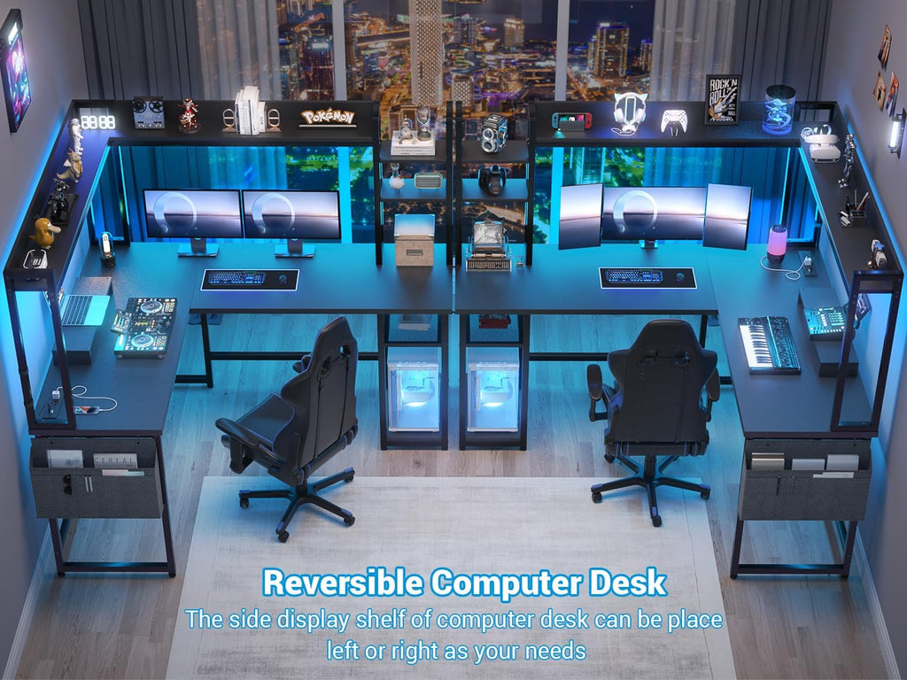 L Shaped Desk Gaming Desk with Power Outlet & LED Light & Monitor | Black 57" Reversible Home Office Desk, Corner