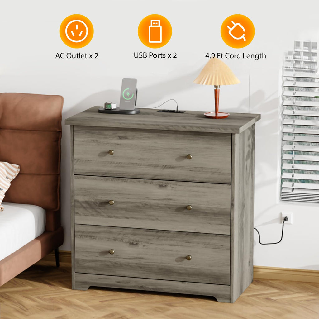 3 Drawer Dresser with Charging Station, Small Dresser Grey Chest of Drawers, 31.5" W Gray Wood Dressers, 15.75" D x