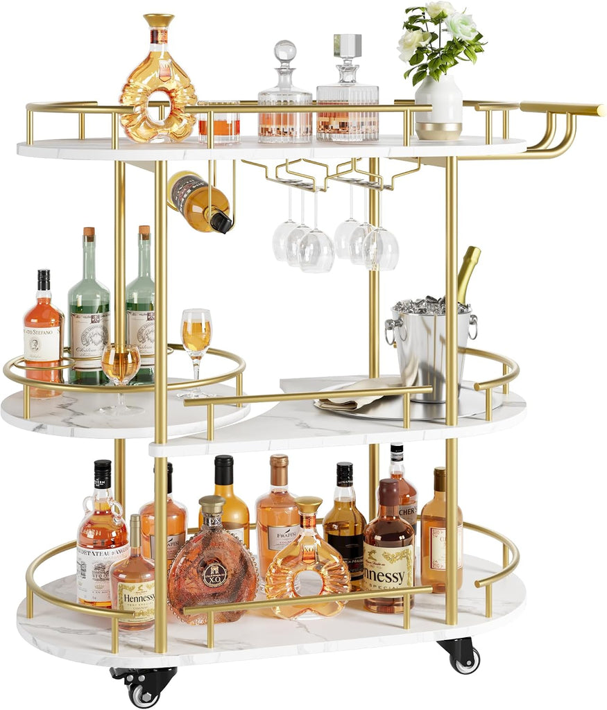 Bar Carts Gold with 4-Tiers Storage Shelves,Mobile Bar Seving Cart On Wheels with Wine Rack and Glass Holder ,White.