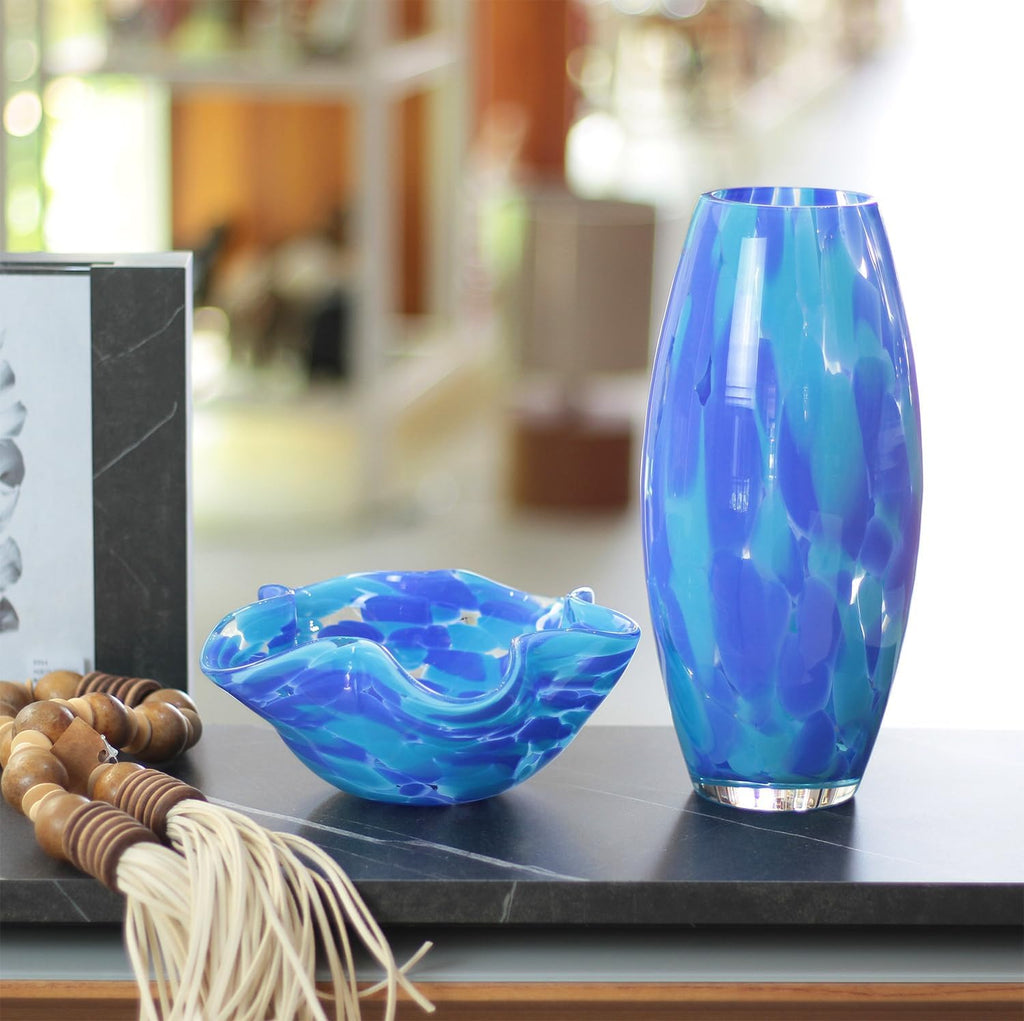Murano Style Art Glass Vase Hand Blown Blue Confetti Effect Home Decor