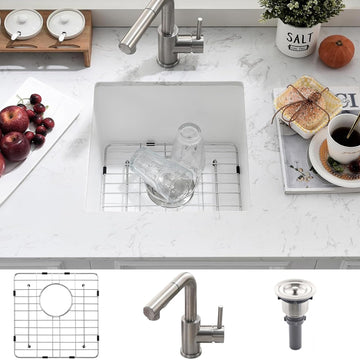 16 Inch Undermount Bar Sink White, 16x16 Inch Small Bar Sink with Faucet Quartz Granite Composite Single Bowl Wet Bar