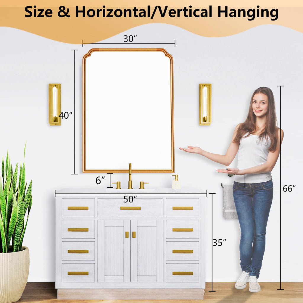 30" x 40" Wood Bathroom Mirror for Over Sink, Rustic Rounded Corner Vanity Mirror Home Decorative [Natural Color]