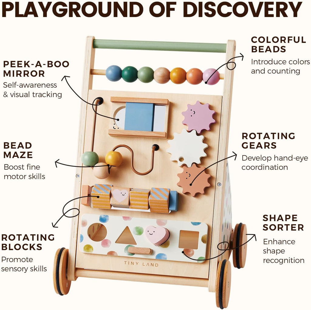 Land Wooden Baby Walker with Activity Center, Montessori Push Walker
