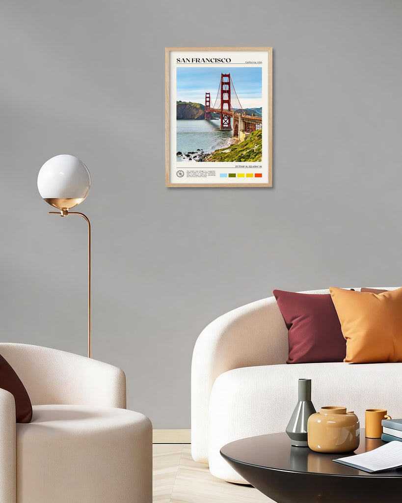 Natural OAK Wood Golden Gate Bridge Framed Wall Art, 12x16in San Francisco City Skyline Canvas Wall Print, Modern Urban