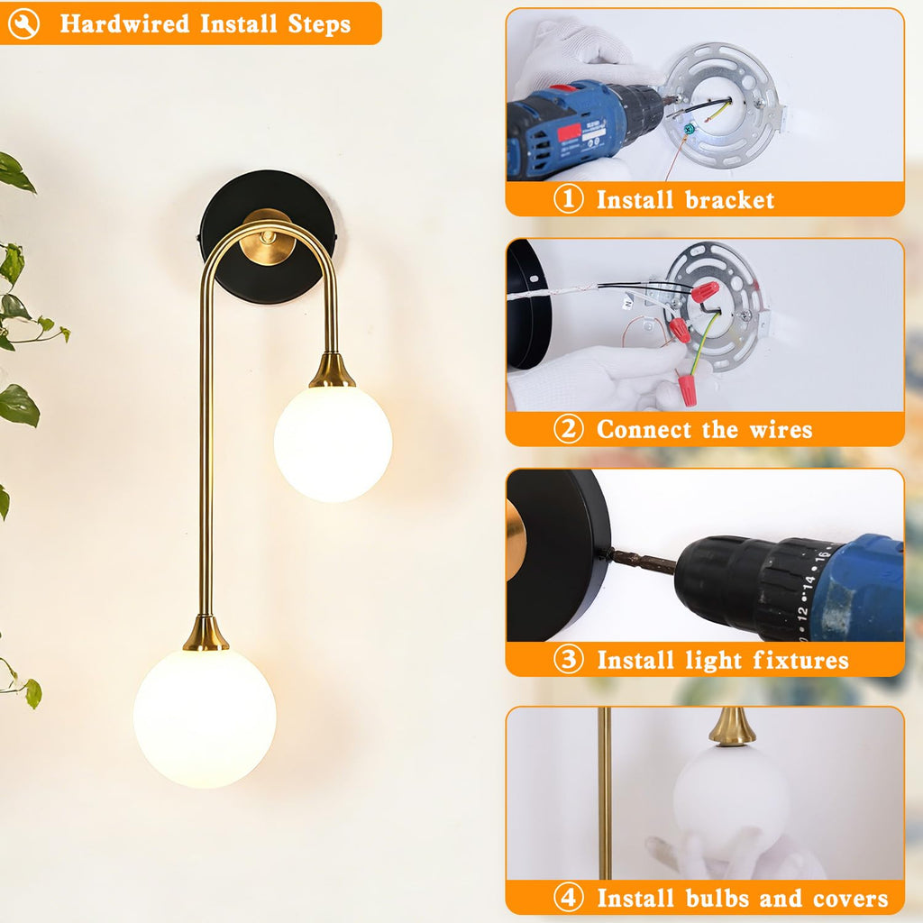 Mid Century Modern Wall Sconce Set of 2 Black and Gold Milk Glass Sconces with Double Ball Hardwired Wall Light